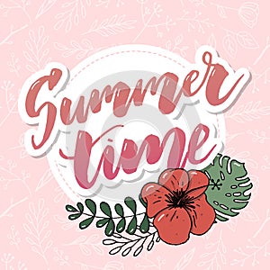 Summer time vector banner design with white circle for text and colorful beach elements in white background. Vector illustration