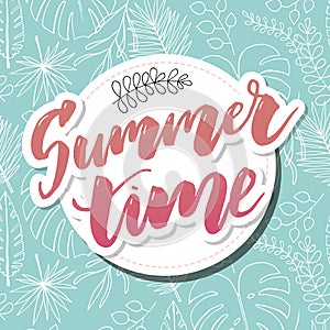 Summer time vector banner design with white circle for text and colorful beach elements in white background. Vector illustration