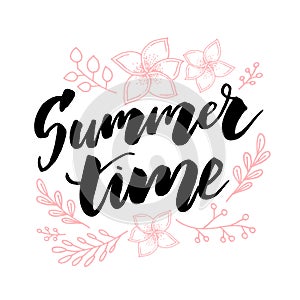 Summer time vector banner design with white circle for text and colorful beach elements in white background. Vector illustration