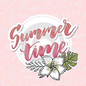Summer time vector banner design with white circle for text and colorful beach elements in white background. Vector illustration