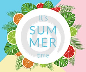 Summer time vector banner design with white circle for text and colorful elements