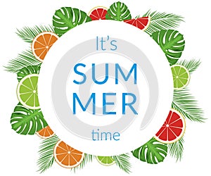 Summer time vector banner design with white circle for text and colorful elements