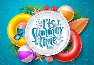 Summer time vector banner template. It`s summer time typography in white circle space for text
