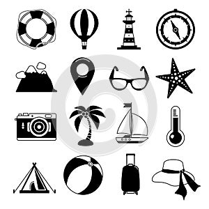 Summer time. Vector Black icon set. Sunrise, sea and vacation tour. Monochrome leisure illustrations
