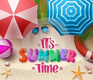 Summer time vector colorful text in the sand with beach umbrellas