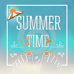 Summer time vector design banner with Illustration of feet with nails, shells, swimsuit, parasol, sand, the