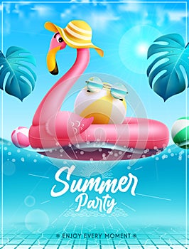 Summer time vector design. It`s summer time typography text in sea water background with elements of surfboard, lifebuoy.