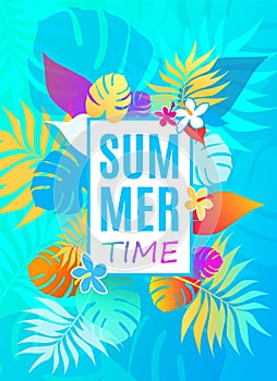 Summer time vector illustration background with colorful leaves and flowers