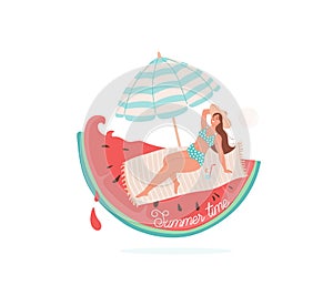 Summer time vector illustration. Beautiful smiling girl lie on towel under striped umbrella. Beach concept design with