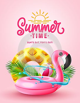 Summer time vector poster design. Summer time text with flamingo and pineapple floaters beach swimming elements.