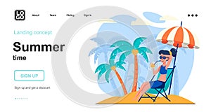 Summer time web concept. Woman relaxing on beach, sunbathing lying in sun lounger at seaside resort. Template of people scene.