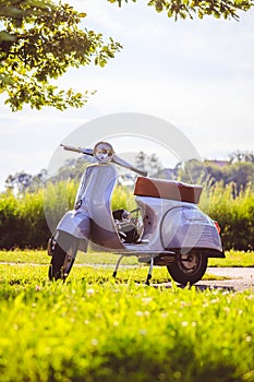 Summer time youth culture: Blue scooter is parking on the meadow