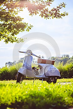 Summer time youth culture: Blue scooter is parking on the meadow