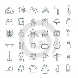 Summer tourism camping thin line flat icons