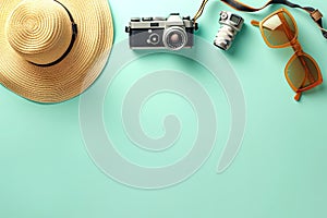 Summer tourist background template with copy space, travel accessories - straw hat, camera, sunglasses on green backdrop.