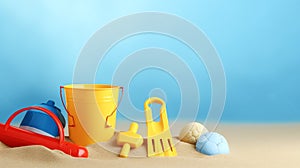 summer toys in sand beach with blue background ai generated