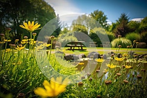 summer tranquil scene with yellow flower in park ai generated