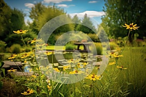 summer tranquil scene with yellow flower in park pond background ai generated