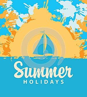 Summer travel banner with color spots and sailboat photo
