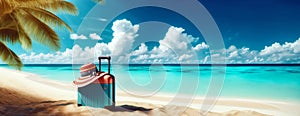 Summer Travel Banner: Luggage on Sandy Beach