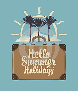 Summer travel banner with suitcase palms and sun