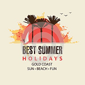 Summer travel banner with sun, palms and surfer