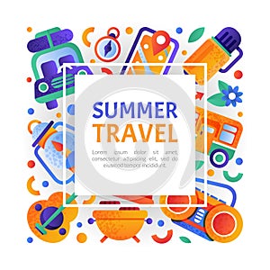 Summer travel banner template. Invitation card, poster, cover with camping equipment vector illustration