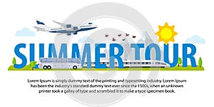 Summer travel banners in flat style. Traveling in time of vacation by plane, train and bus. Template for advertising, ads and webs