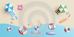 Summer travel with beach chair,island,umbrella,Inflatable flamingo,sandals,lifebuoy,surfboard,rubber raft,starfish, top view