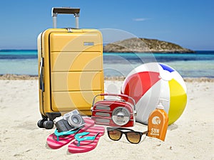 Summer travel and beach vacations accessoires. Travel and tourism concept