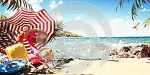 Summer travel concept background with Pink Flamingo on beautiful sand beach.