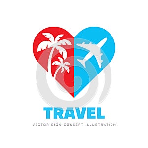 Summer travel - concept business logo template vector illustration. Heart silhouette with palms trees and airplane. Graphic design