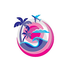 Summer travel - concept business logo template vector illustration. Holiday paradise creative sign. Sea wave, tropical palms, sun,