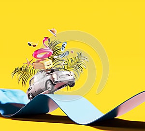 Summer travel concept. Cute retro car jumping with palm leaf and summer accessories on yellow background.