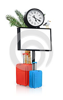Summer travel concept. Empty departure display , suitcases and palm tree isolated on white background