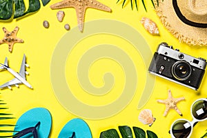 Summer travel concept flat lay image.