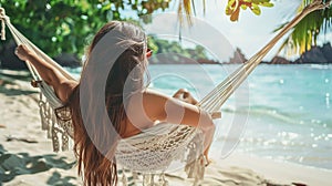 Summer travel concept, Happy traveler young woman with bikini relax in hammock on beach