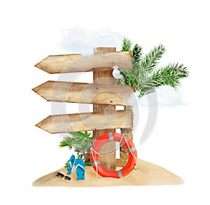 Summer travel concept. Island with empty wooden direction signs, palm tree and lifebuoy isolated on white background.