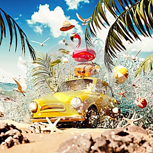 Summer travel concept. Yellow car emerging from sea water with summer accessories on beautiful sand beach.