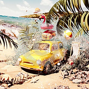 Summer travel concept. Yellow car emerging from sea water with summer accessories on beautiful sand beach.