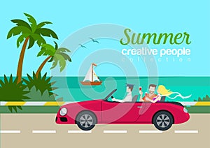 Summer travel couple cabrio car flat web infographic concept