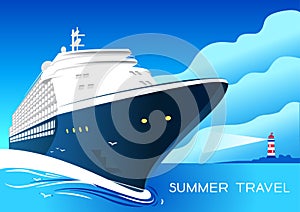 Summer travel cruise ship. Vintage art deco poster illustration.