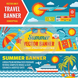 Summer travel - decorative horizontal vector banners set in flat style design trend