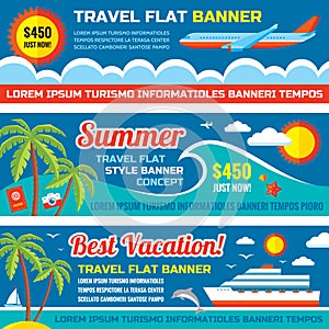 Summer travel - decorative horizontal vector banners set in flat style design trend. Summer travel vector backgrounds.