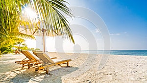 Summer travel destination background. Summer beach scene, sun beds sun umbrella and palm trees photo