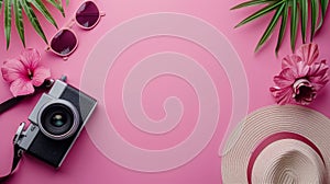 Summer Travel Essentials Flat Lay with Camera, Sunglasses, Hat, and Flowers on Pink Background Perfect for Vacation Planning and