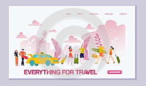 Summer travel essentials, vacations things, tourism website template with people travelling, luggage vector illustration