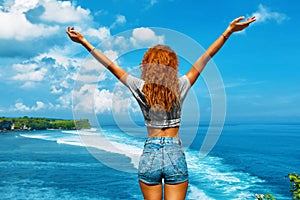 Summer Travel. Happy Free Woman Relaxing By Sea. Freedom Concept
