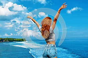 Summer Travel. Happy Free Woman Relaxing By Sea. Freedom Concept