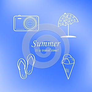 Summer and travel icon set on abstract blurred blue background. Logo. Vector